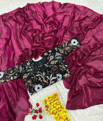 Party Wear Wine Color Space Silk Saree With Heavy Blouse