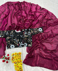 Party Wear Wine Color Space Silk Saree With Heavy Blouse