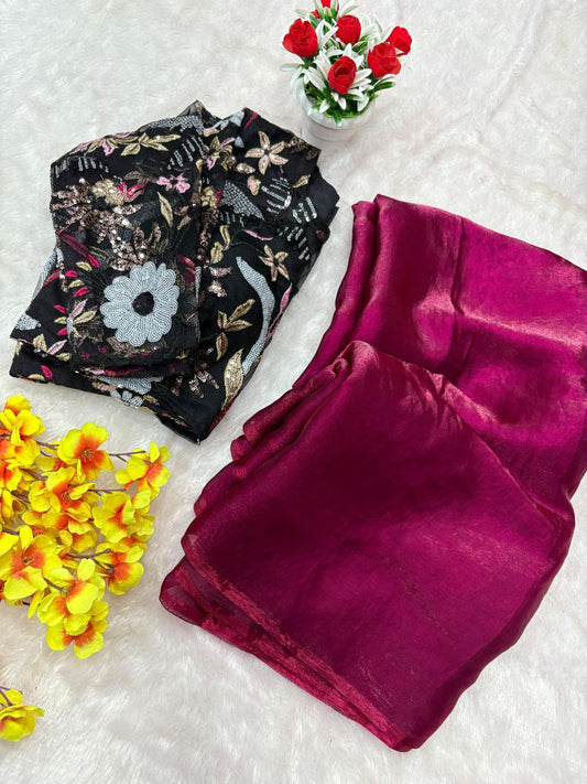 Party Wear Wine Color Space Silk Saree With Heavy Blouse