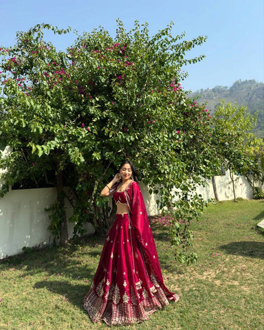 Function Wear Embroidery Work Maroon Color Lehenga Choli