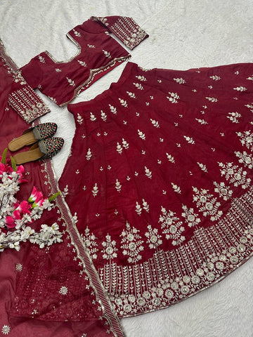 Function Wear Embroidery Work Maroon Color Lehenga Choli
