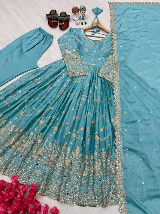 Demanding Sequence Work Sky Blue Color Anarkali Gown