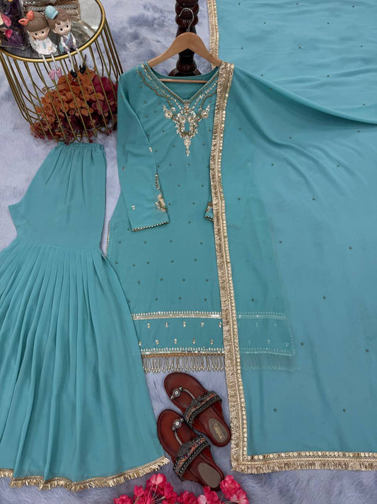 Casual Wear Sequence Work Sky Color Palazzo Suit