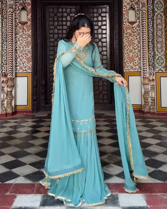 Casual Wear Sequence Work Sky Color Palazzo Suit