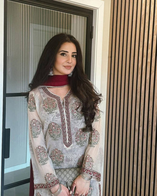 Mesmerizing Digital Print White Color Palazzo Suit
