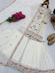 Elegant Heavy Work White Color Palazzo Suit