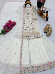 Elegant Heavy Work White Color Palazzo Suit