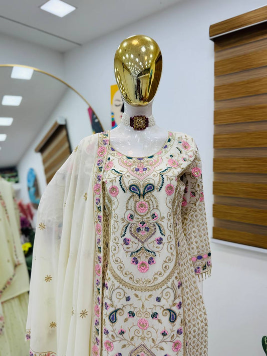 Elegant Heavy Work White Color Palazzo Suit