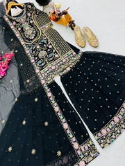 Elegant Heavy Work Black Color Palazzo Suit