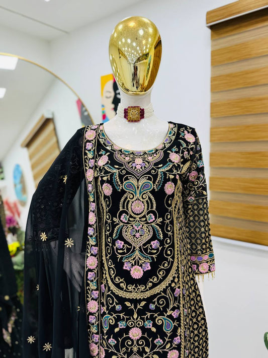 Elegant Heavy Work Black Color Palazzo Suit