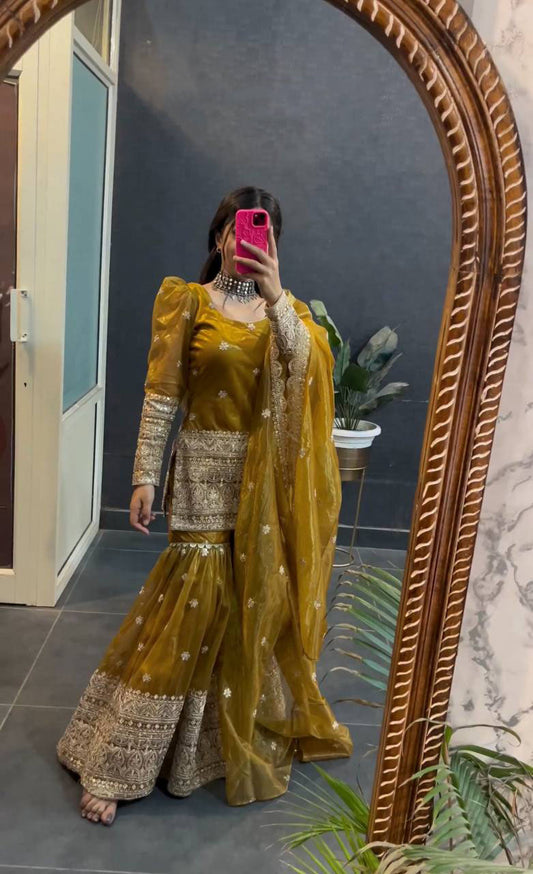 Wonderful Embroidery Sequence Work Yellow Color Sharara Suit