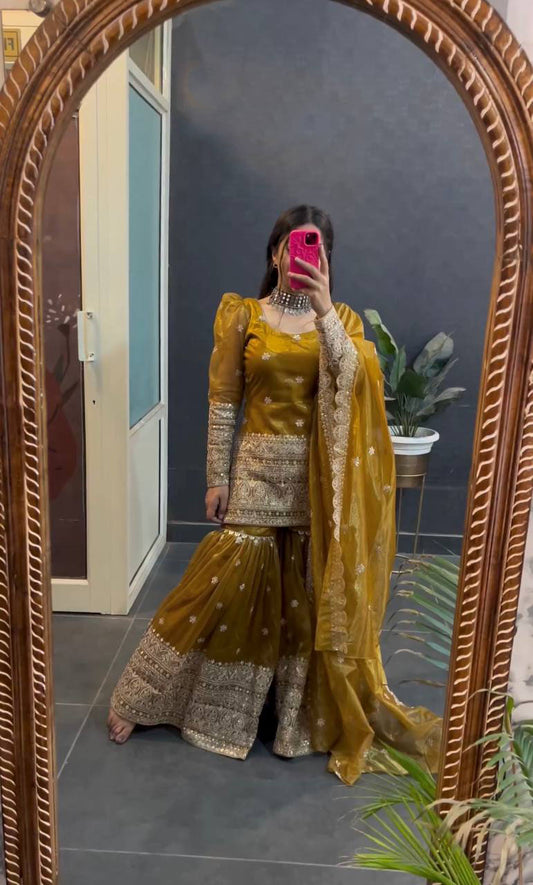 Wonderful Embroidery Sequence Work Yellow Color Sharara Suit