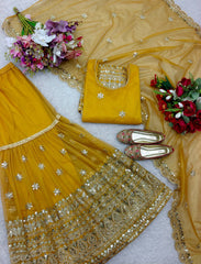 Wonderful Embroidery Sequence Work Yellow Color Sharara Suit