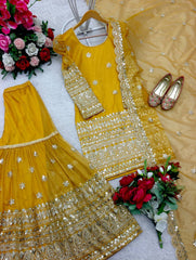 Wonderful Embroidery Sequence Work Yellow Color Sharara Suit