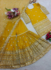 Wonderful Embroidery Sequence Work Yellow Color Sharara Suit