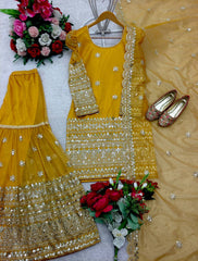 Wonderful Embroidery Sequence Work Yellow Color Sharara Suit