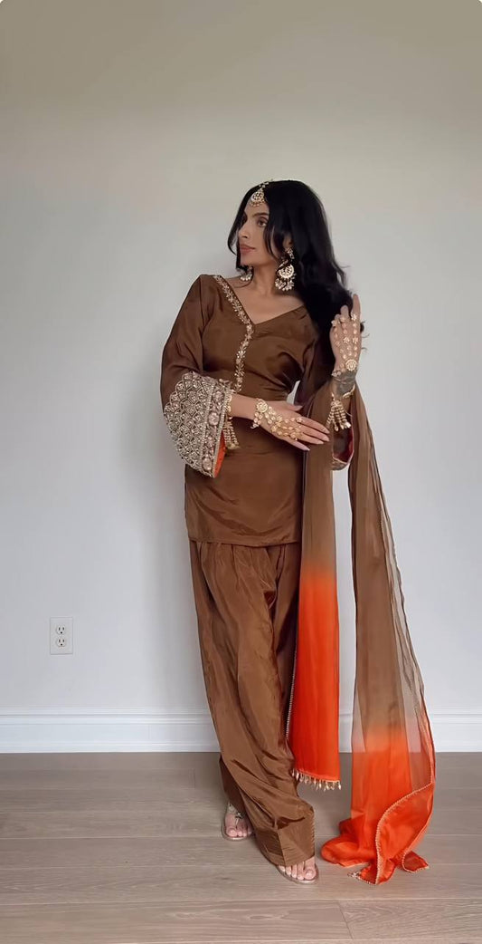Captivating Satin Silk Brown Color Salwar Suit