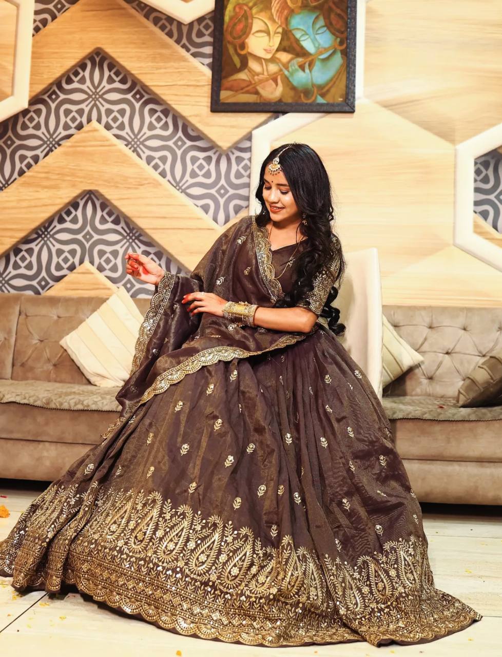 Wedding Wear Embroidery Work Brown Color Lehenga Choli