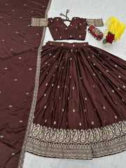 Wedding Wear Embroidery Work Brown Color Lehenga Choli