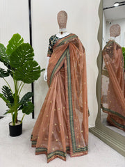 Unique Sequence Work Peach Color Saree