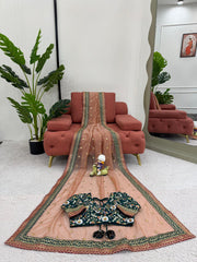 Unique Sequence Work Peach Color Saree