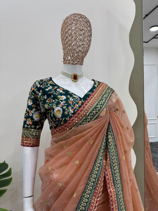 Unique Sequence Work Peach Color Saree