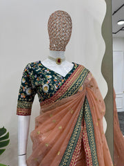 Unique Sequence Work Peach Color Saree