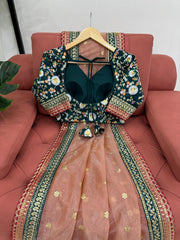 Unique Sequence Work Peach Color Saree