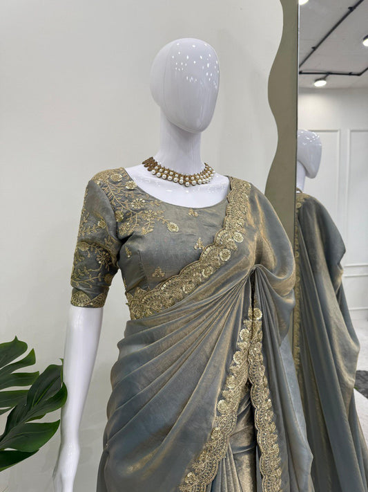 Designer Sequence Work Grey Color Saree