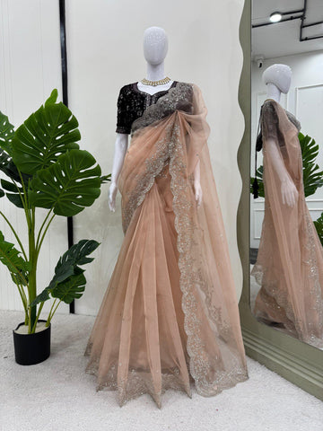 Gorgeous Organza Silk Peach Color Saree