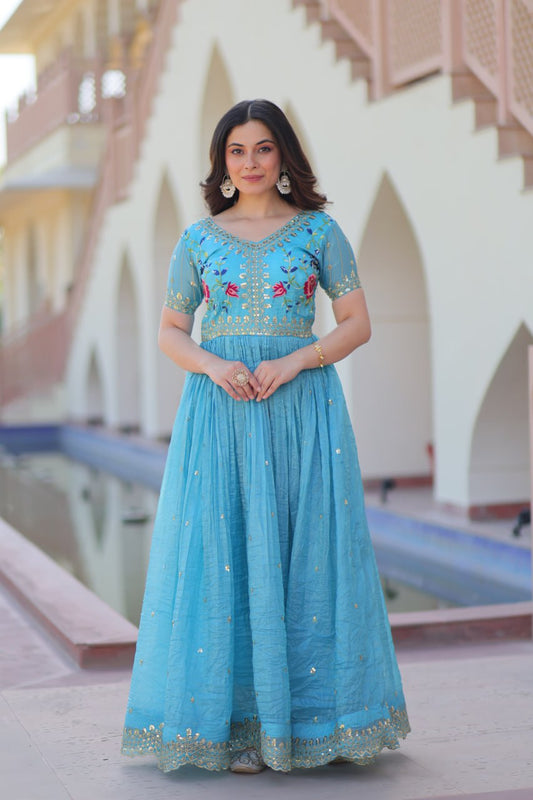 Precious Embroidery Work Sky Blue Color Gown
