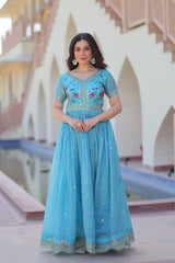 Precious Embroidery Work Sky Blue Color Gown