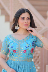 Precious Embroidery Work Sky Blue Color Gown