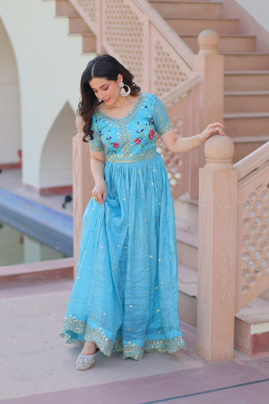 Precious Embroidery Work Sky Blue Color Gown