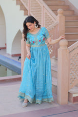 Precious Embroidery Work Sky Blue Color Gown