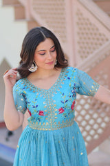 Precious Embroidery Work Sky Blue Color Gown