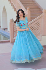 Precious Embroidery Work Sky Blue Color Gown