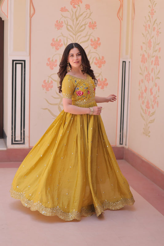 Precious Embroidery Work Mustard Color Gown