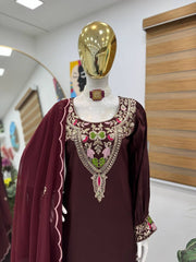 Classy Sequence Work Wine Color Palazzo Suit