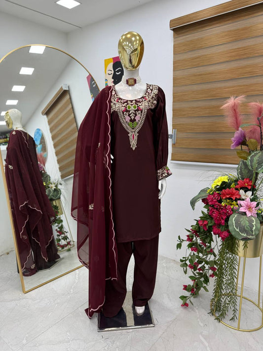 Classy Sequence Work Wine Color Palazzo Suit