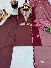 Classy Sequence Work Wine Color Palazzo Suit