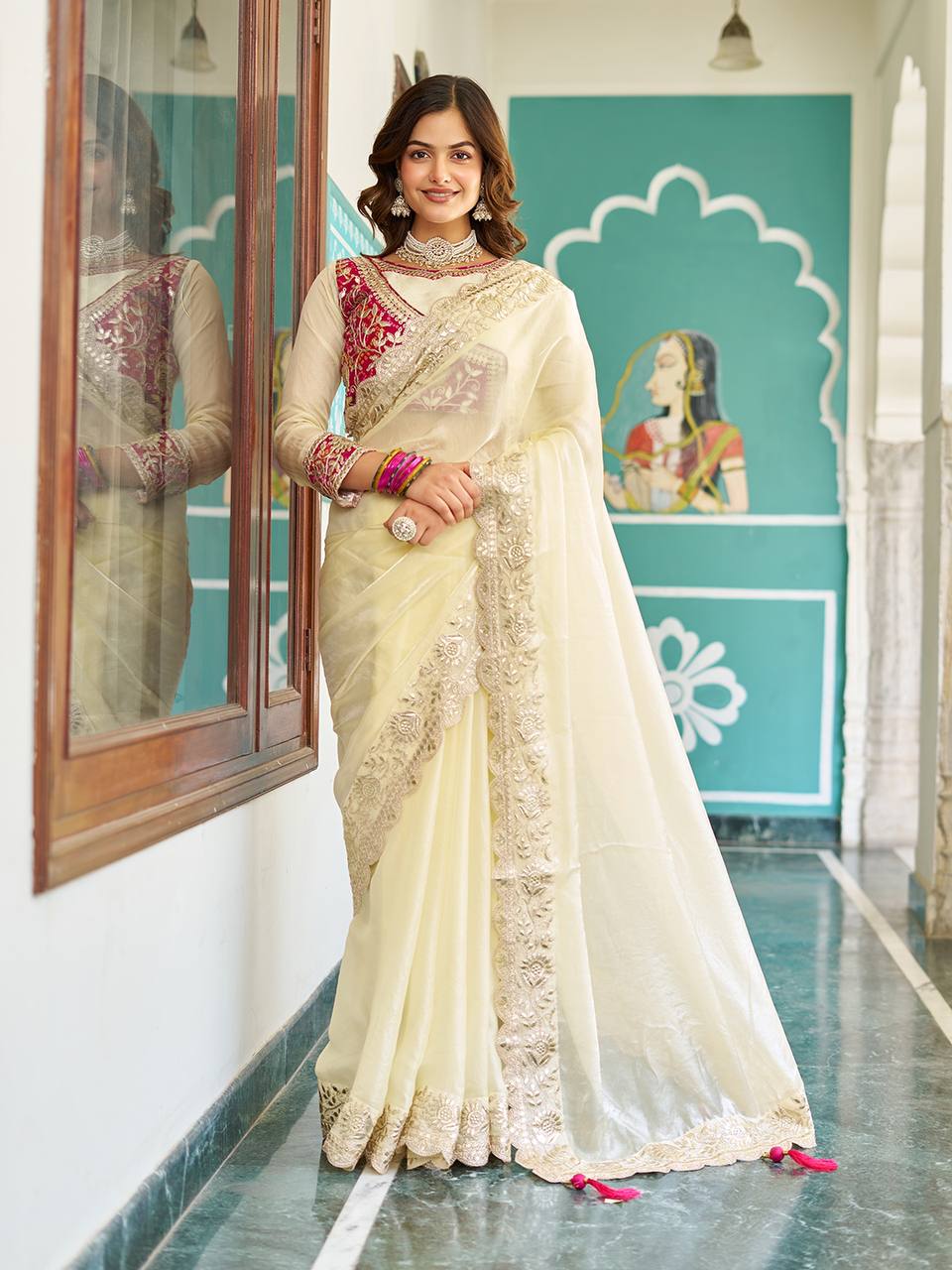 Trendy Gota Pati Work Off White Color Saree With Pink Blouse