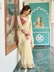 Trendy Gota Pati Work Off White Color Saree With Pink Blouse