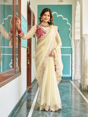 Trendy Gota Pati Work Off White Color Saree With Pink Blouse