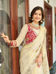 Trendy Gota Pati Work Off White Color Saree With Pink Blouse