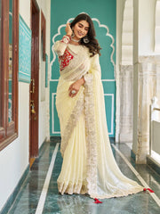Trendy Gota Pati Work Off White Color Saree With Red Blouse