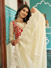 Trendy Gota Pati Work Off White Color Saree With Red Blouse
