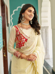 Trendy Gota Pati Work Off White Color Saree With Red Blouse