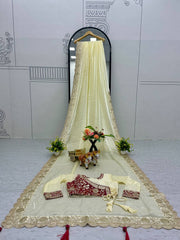 Trendy Gota Pati Work Off White Color Saree With Red Blouse