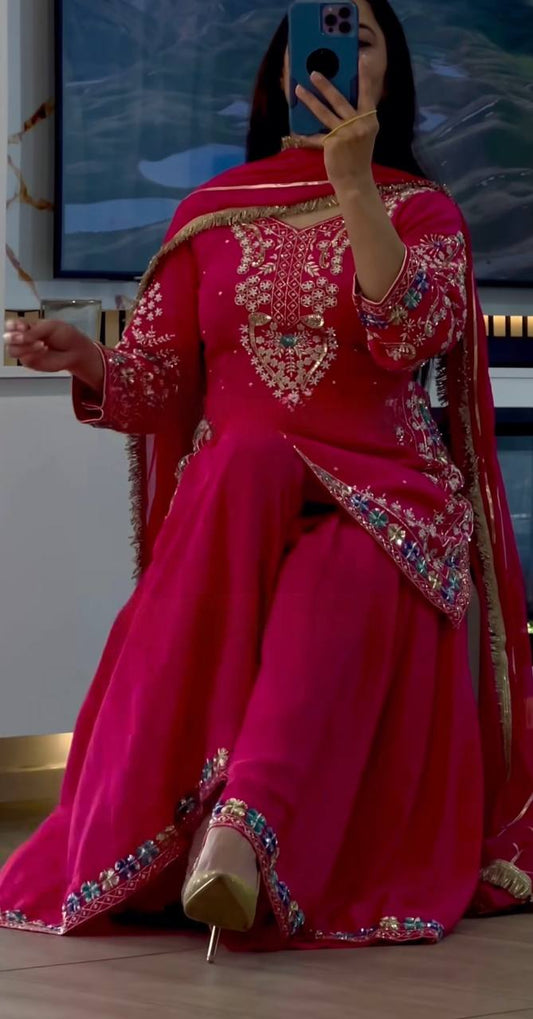 Good Looking Embroidery Work Pink Color Palazzo Suit